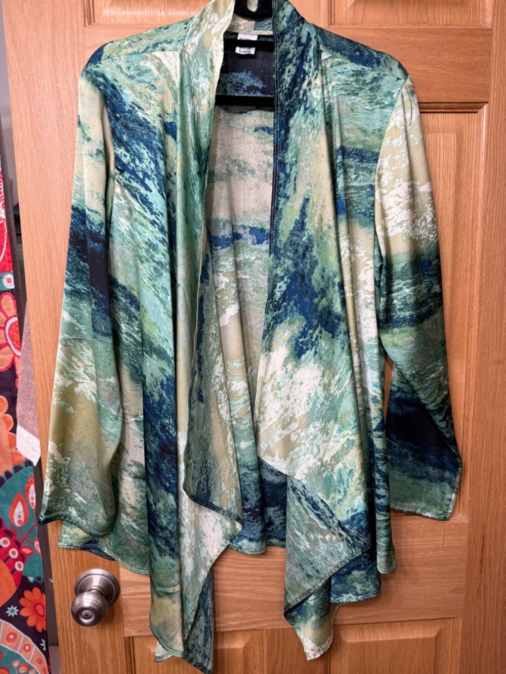Jockey Open-Front Watercolor-Print Draped Cardigan - Green & Blue